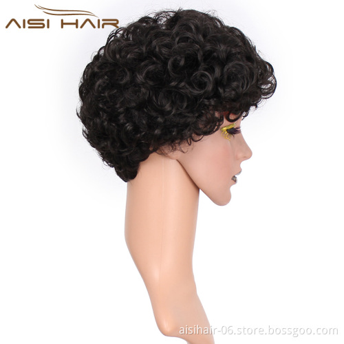 Aisi Hair Wholesale Afro Synthetic Wigs For Black Women Black Short Curly Cut Wig With Bangs Heat Resistant Fiber